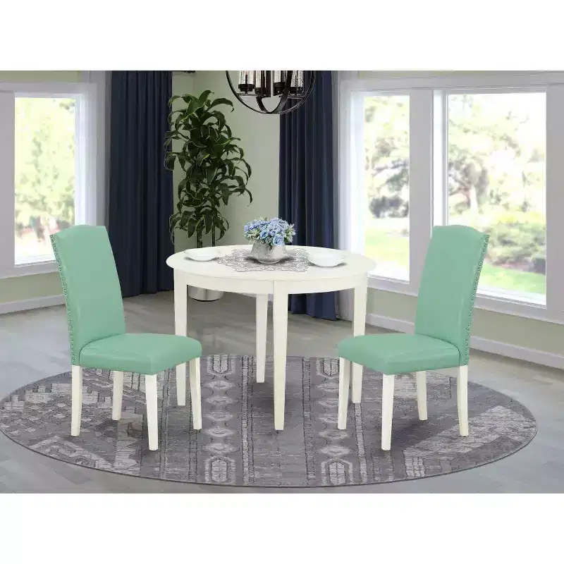 Round Dining Table Set 3pc French Country Kitchen Table & Chairs Linen White Legs Pond PU Leather