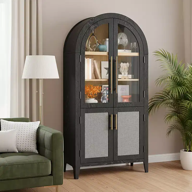 63 Tall Arched Storage Cabinet 5 Tier Glass Rattan Door Black