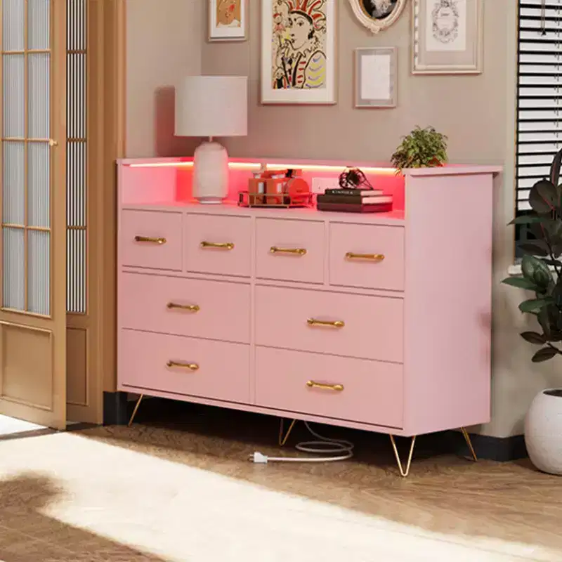 8-Drawer Dresser with Power Outlet, LED Lights & Gold Handles, Modern Wood Chest, White