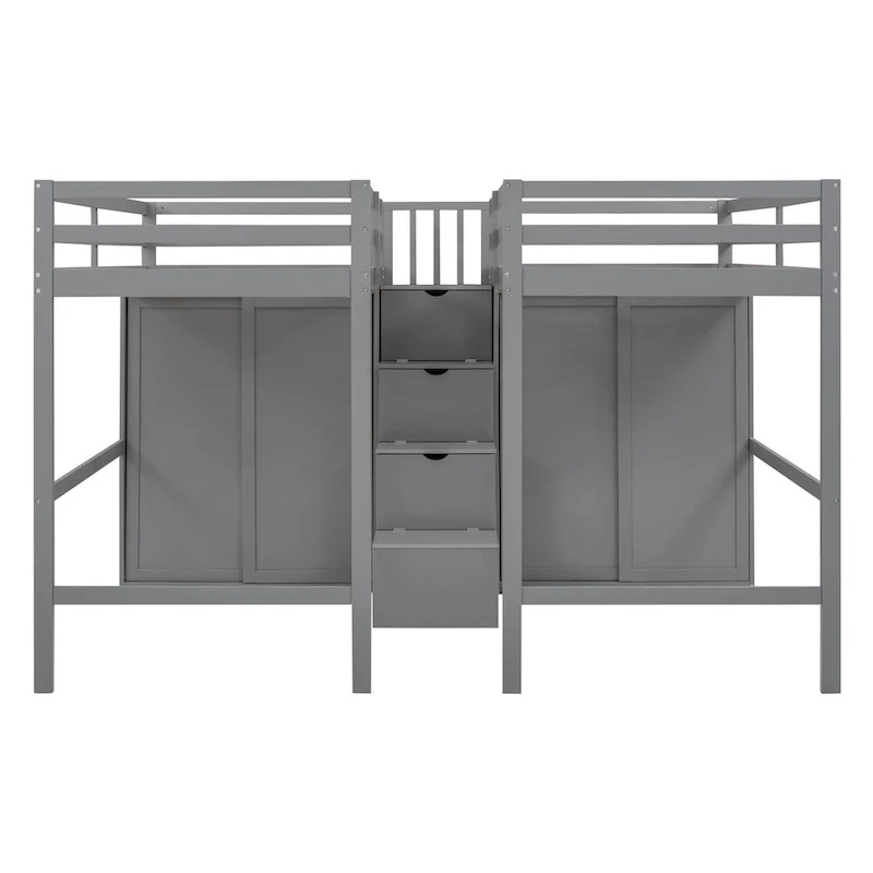 Double Twin Loft Beds with Wardrobes and Staircase