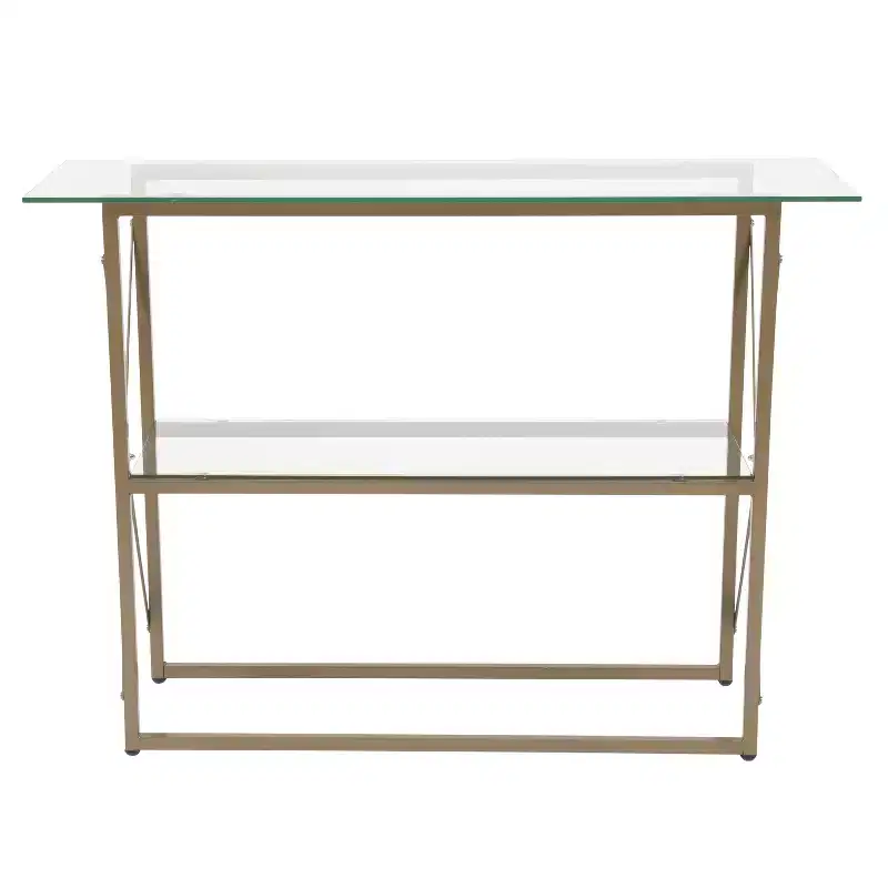 Modern Clear Glass Console Table — Gold Crisscross Frame, 2 Tempered Glass Shelves