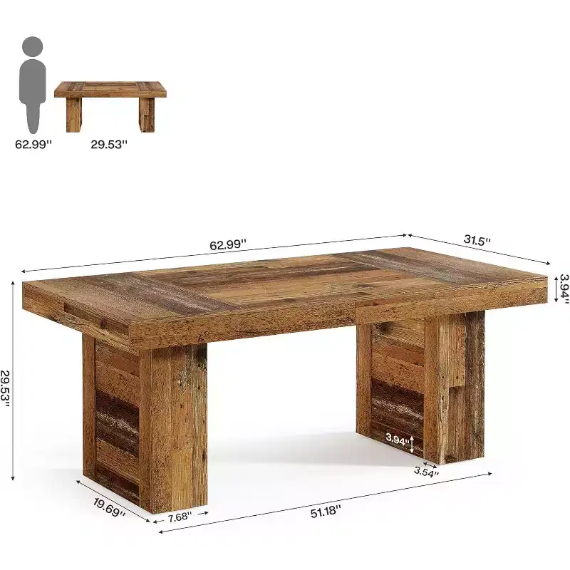 Lantine 63-Inch Farmhouse Dining Table for 6, Rectangle Wooden Kitchen Table with Heavy-Duty Legs for Family Meals, Dining Room, Rustic Brown