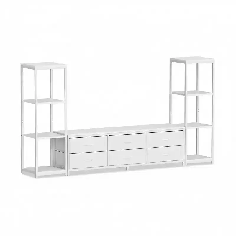 Modern Industrial Dresser TV Stand for 75 Inch TV - 6 Fabric Drawers - 4-Tier Storage Shelves - Large Media Console Cabinet