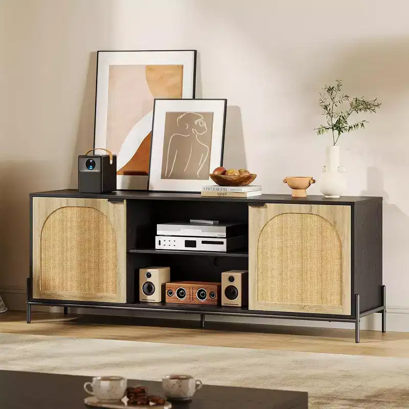 65 Media Console Cabinet, Rattan TV Stand with 2 Doors & Open Shelves for 60-75 Inch TVs
