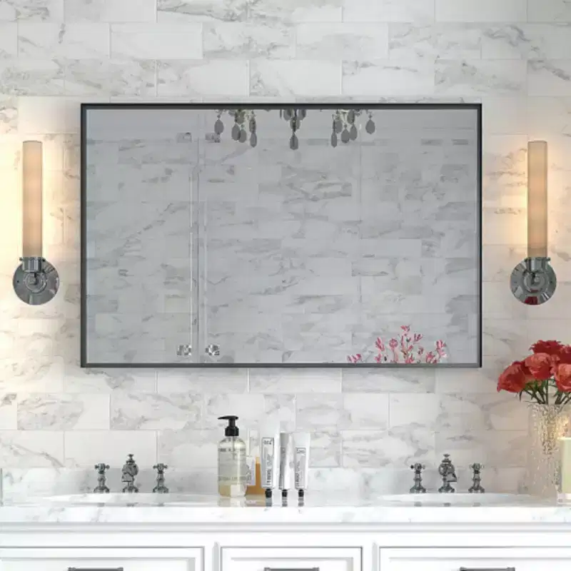 36x30inch Glossy Black Bathroom Mirrors For Wall Rectangle Vanity Mirror Corner Hangs Farmhouse Mirror Modern Metal Framed Rectangular Mirror