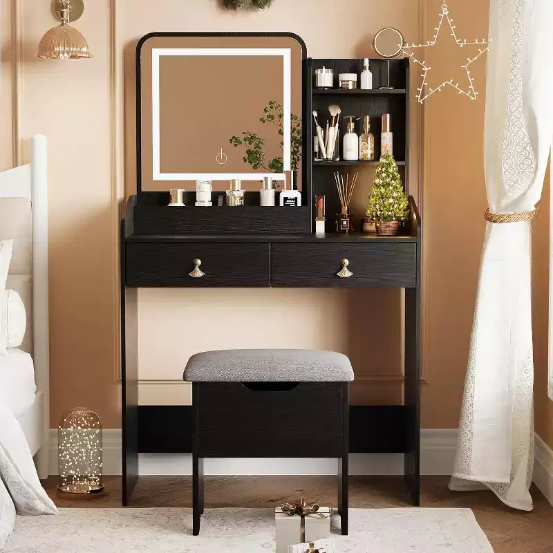 Vanity Desk with LED Light Mirror and Charging Station, 2 Drawers and Storage Stool