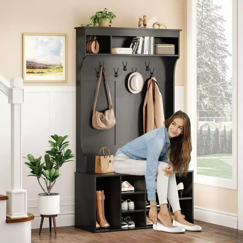Okak 70.9IN Tall Storage Cabinet with Bench and Shelves, Freestanding Entryway Cabinet with 7 Coat Racks, Entryway Shoe Storage