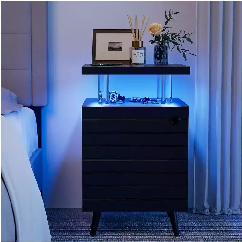 Modern Nightstand with LED Lights Bedside Table with Drawers 4 Acrylic Columns Freestanding End Side Table for Bedroom Living Room Black