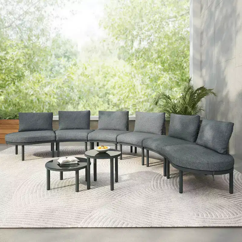 Whisen 6-Piece Half Moon Patio Sofa Set with 2 Coffee Tables and 4 Pillows, PE Rattan Sectional