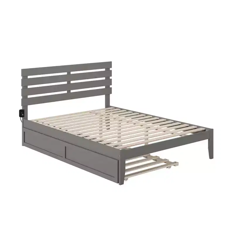 Queen Platform Bed with USB Turbo Charger and XL Trundle, Gray, Solid Hardwood, No Box Spring Needed