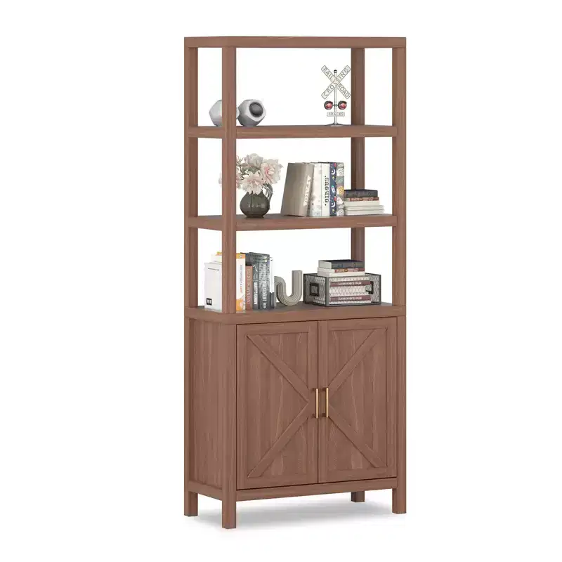 71 Inch Tall Bookshelf, 5-Tier Farmhouse Wood Bookcase, X-Patterned Door Cabinet, Freestanding Book Case with Adjustable Shelf, Oak