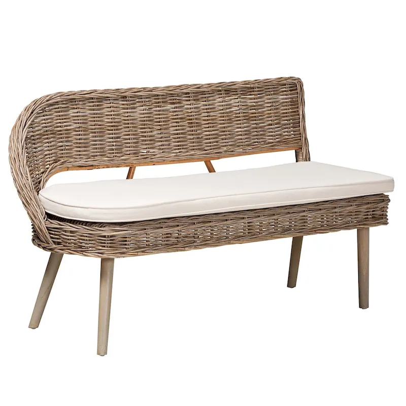 Modern Bohemian Natural Kubu Rattan and Acacia Wood Dining Nook Banquette