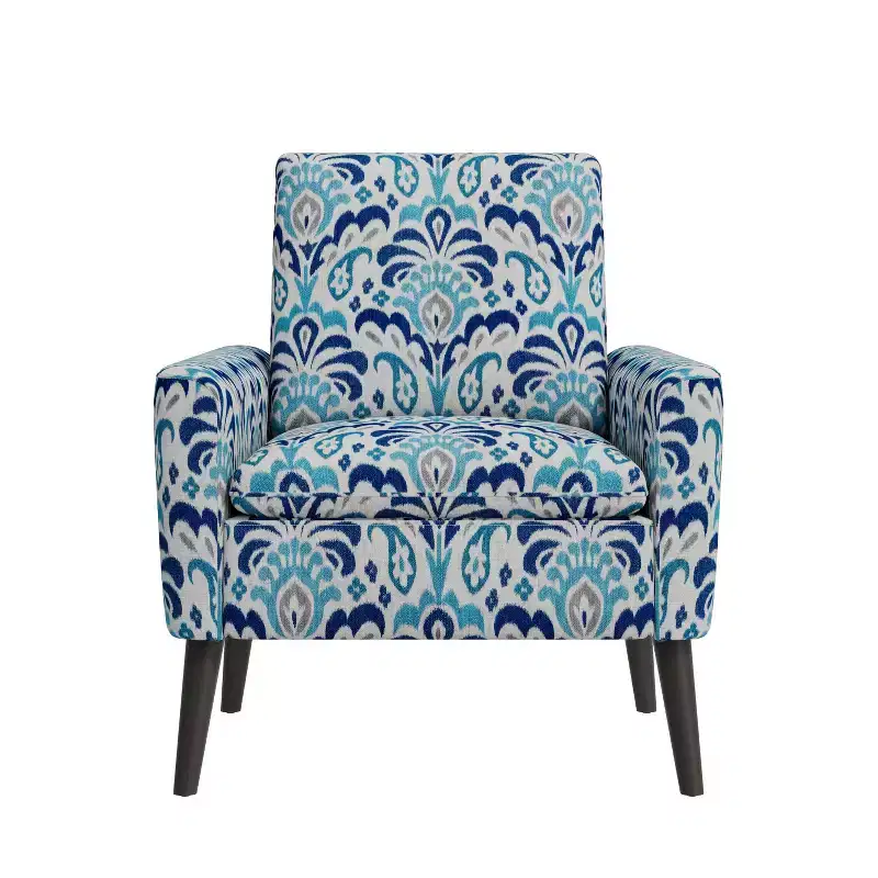 Medieval-modern style armchair for small spaces, brocade pattern, cobalt blue/grey