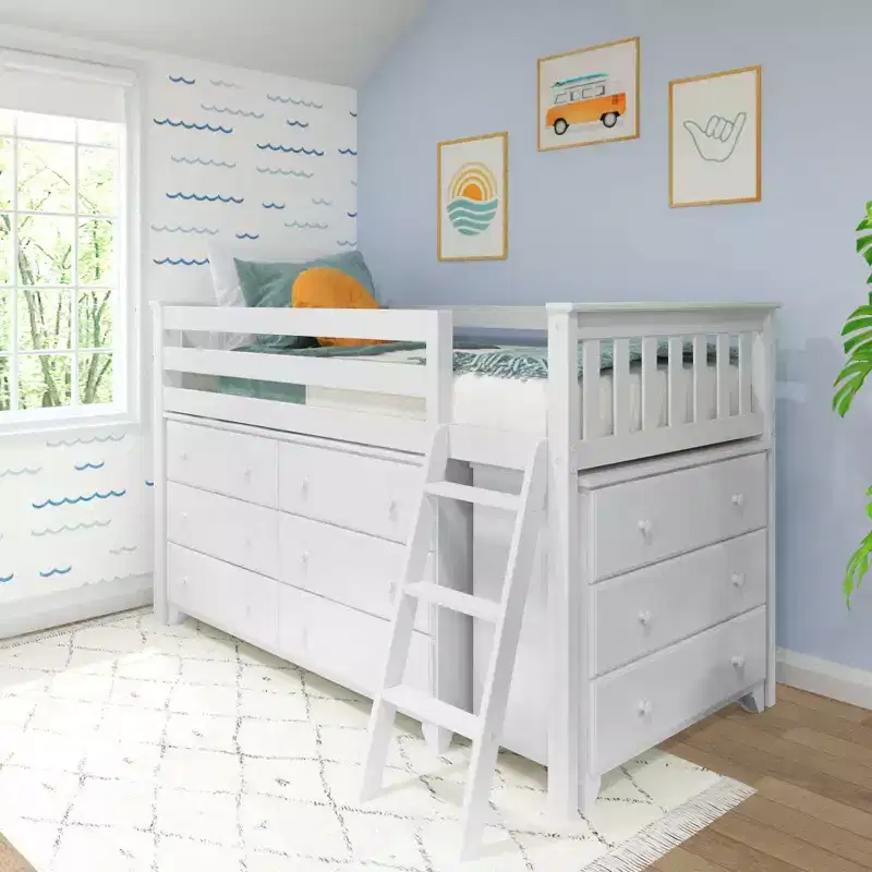 Twin-Size Low Loft Bed with Pull-Out Desk and 3-Drawer Dressers