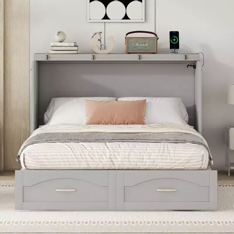 Full/Queen Murphy Bed Wall Bed with Storage Drawers, Wood Murphy Bed Chest with Sockets & USB Ports, Pulley Structure Design