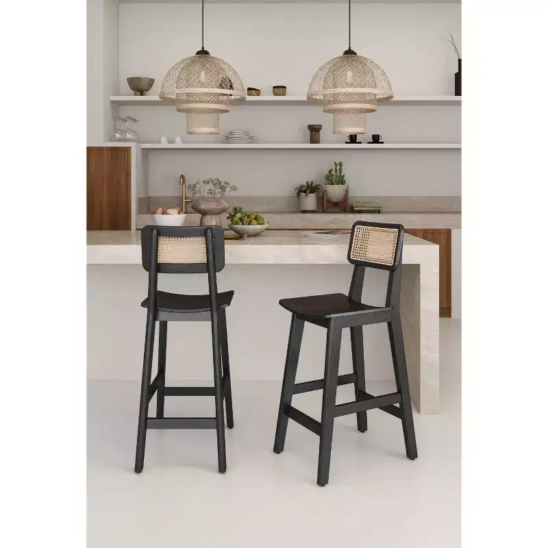 Manhattan Comfort Set of 2 Versailles Wood Counter Height Barstools Black/Natural: Ash Frame, Matte Finish, No Assembly Required