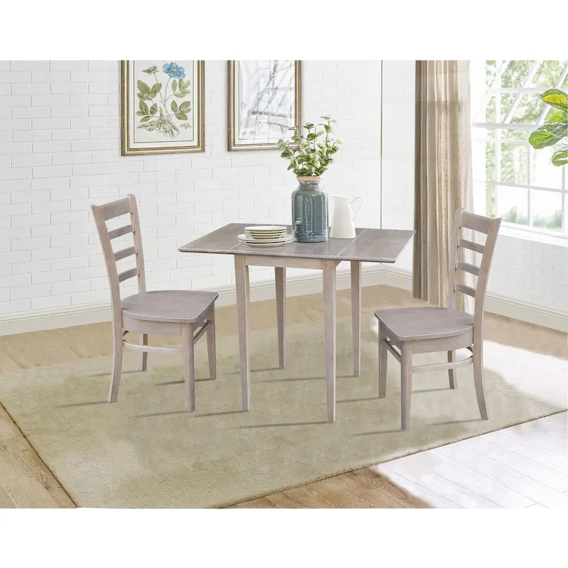 Small Dual Drop Leaf Table with Two Chairs, Washed Gray Taupe