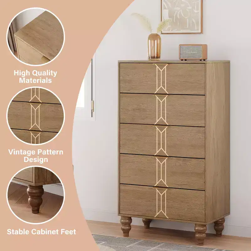 5 Drawers Dresser, Modern Wooden Tall Dresser with Deep Drawers, Chest of Drawers for Bedroom, Living Room, Hallway, Entryway