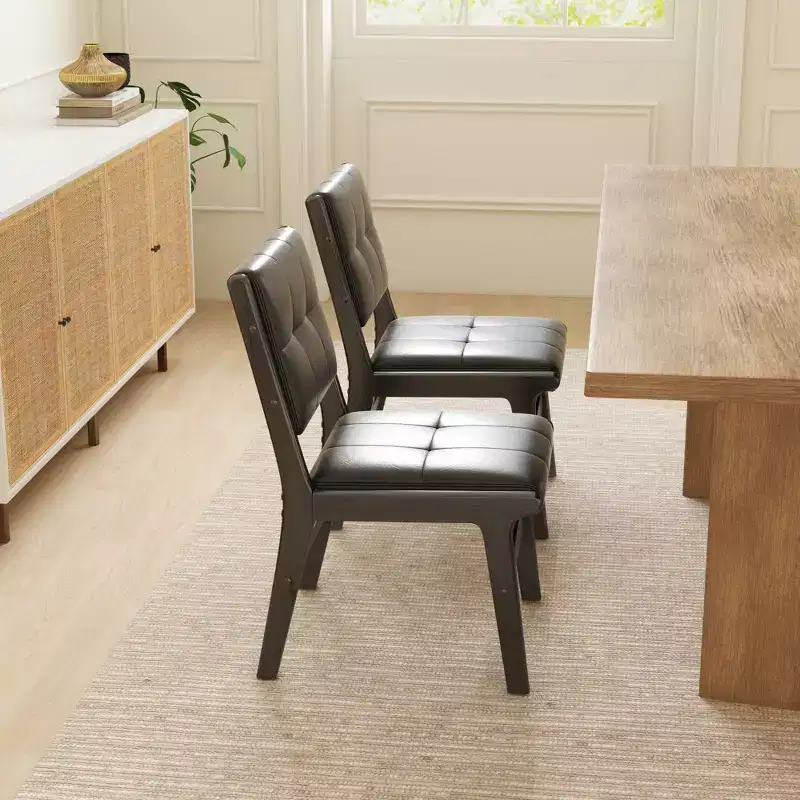 Tufted Faux Leather Upholstered Wood Dining Chairs (Set of 2)