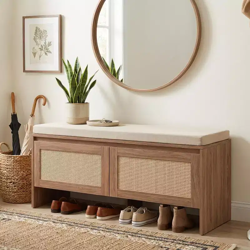 Rattan Shoe Storage Bench with Cushion, Compact Entryway Shoe Cabinet with Doors, Small Space Organizer, Hidden Shoe Rack with Seating