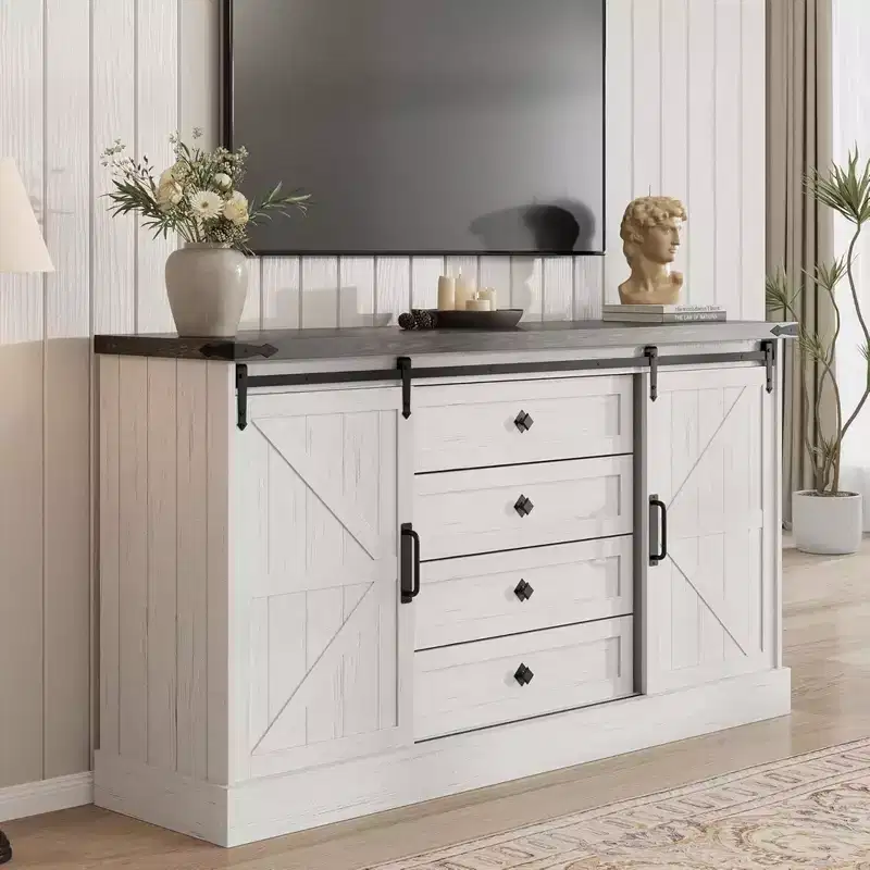 GustoWave 4 Drawer Dresser for Bedroom, 59 Farmhouse Wood Dressers with Sliding Barn Doors & Large Drawers