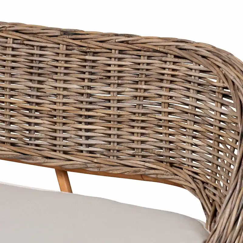 Modern Bohemian Natural Kubu Rattan and Acacia Wood Dining Nook Banquette