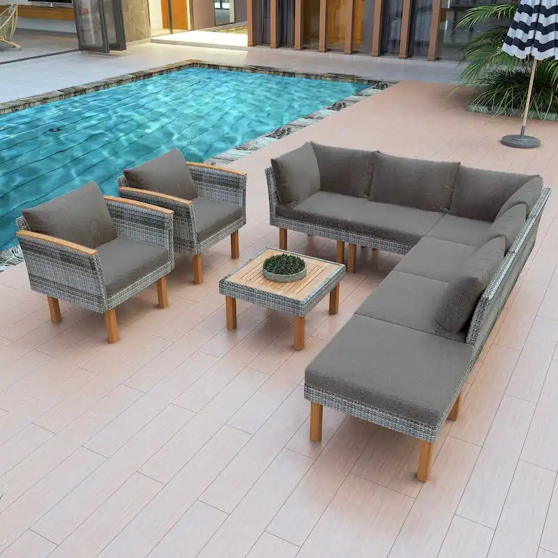 9-Piece Outdoor Rattan Sofa Set with Cushions and Coffee Table