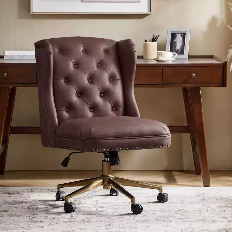 Hazel Traditional Faux Leather Wingback Office Chair — Tufted, Bronze Nailhead, Camel