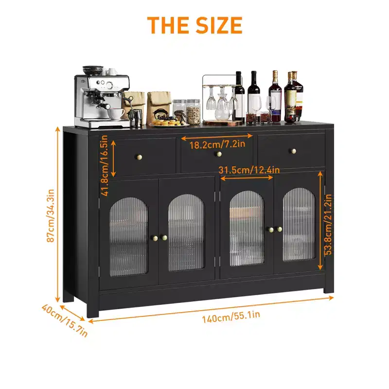 55 Buffet Cabinet Sideboard, Modern Coffee Bar with Arched Acrylic Fluted Doors, 3 Drawers & Adjustable Shelves for Dining & Living Room,Black