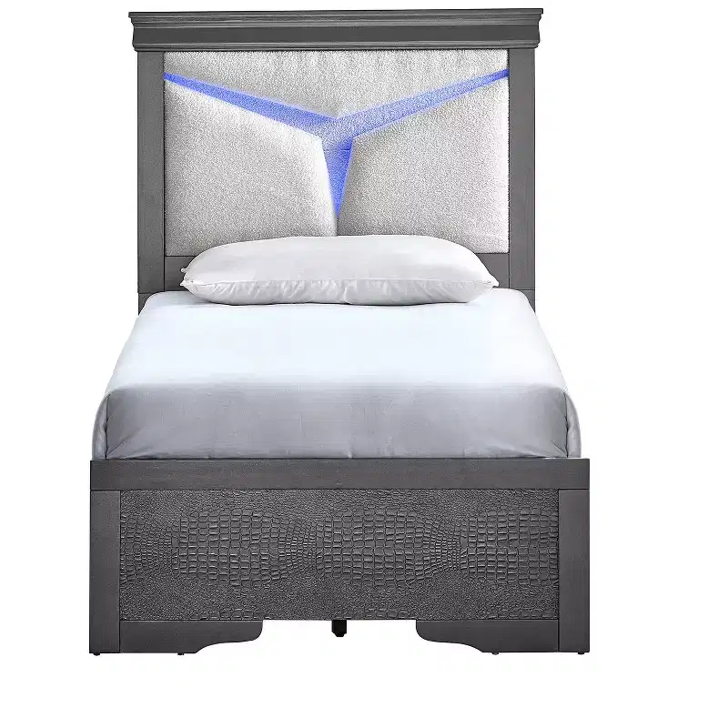 Passion Furniture Lorana Gunmetal Gray Wood Frame Twin Platform Bed with LED Lighted Headboard