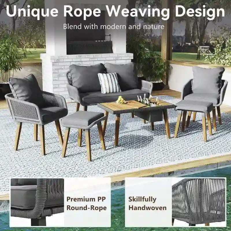 6-Piece Rope Patio Furniture Set with Acacia Wood Cool Bar Table