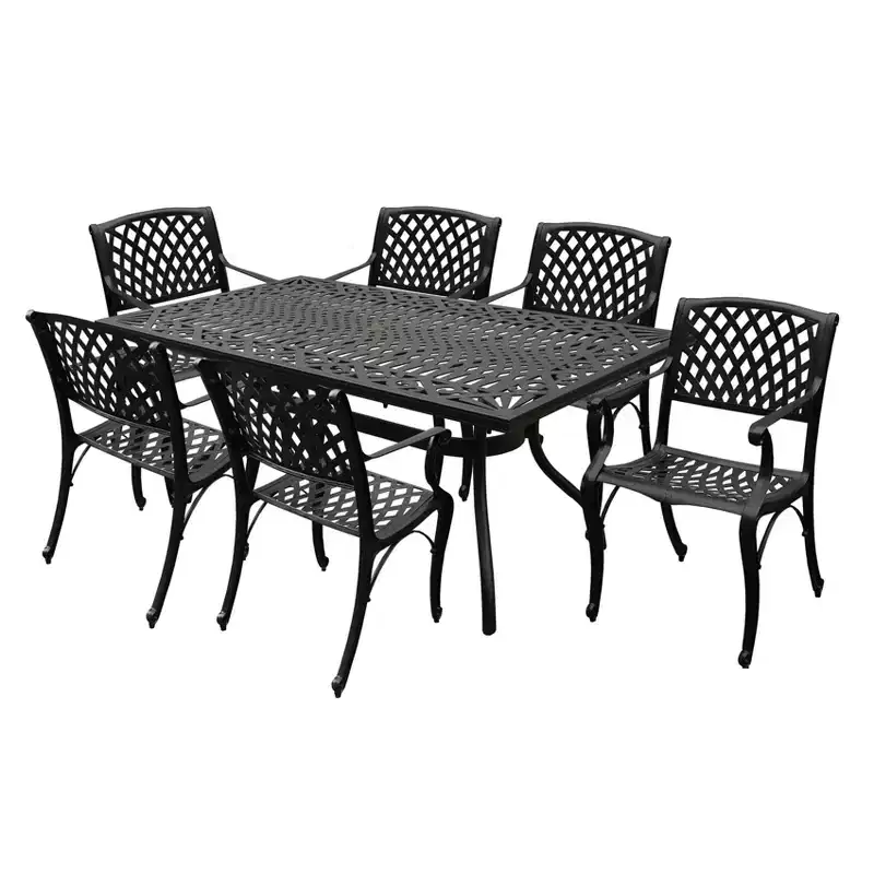 7pc Patio Dining Set with 68" Modern Ornate Outdoor Mesh Aluminum Rectangular Table & Modern Chairs - Black - Oakland Living: UV-Resistant