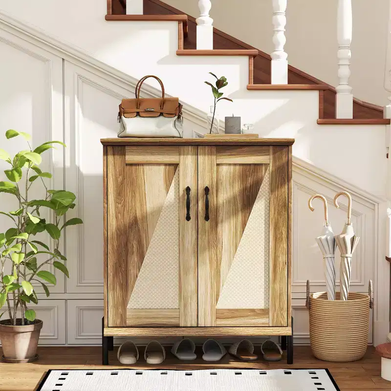 Costway 5-Tier Farmhouse Shoe Cabinet with Woven Rattan Doors, Removable Shelves for Closet