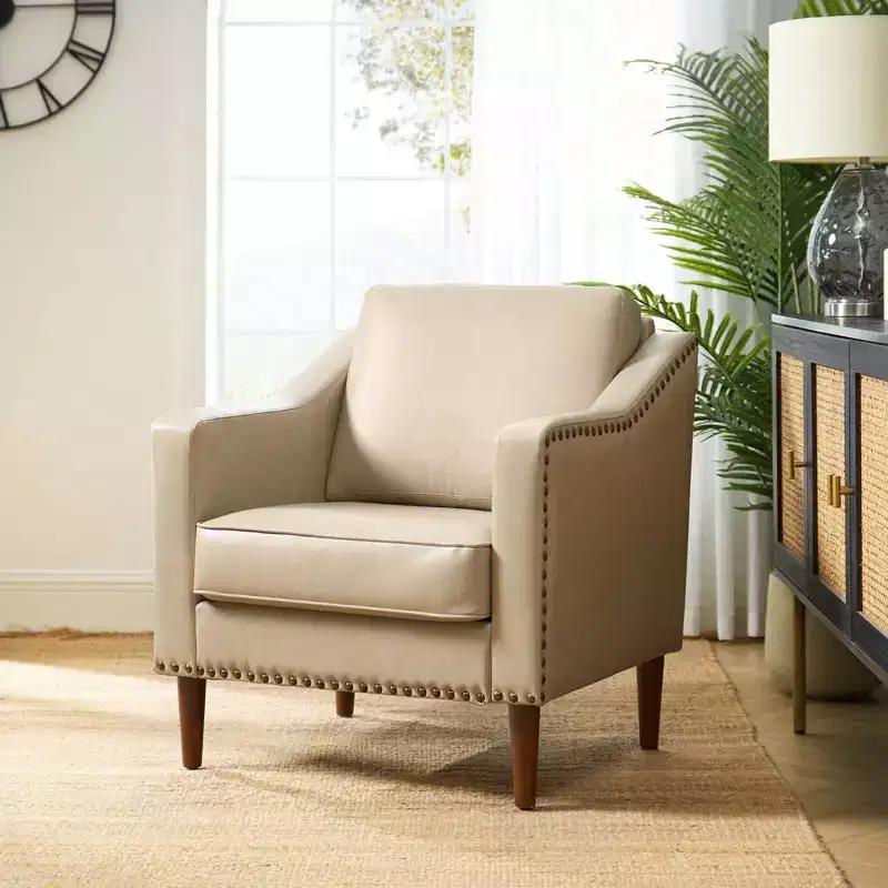 Vegan Leather Armchair with Solid Wood Legs – Modern Accent Chair