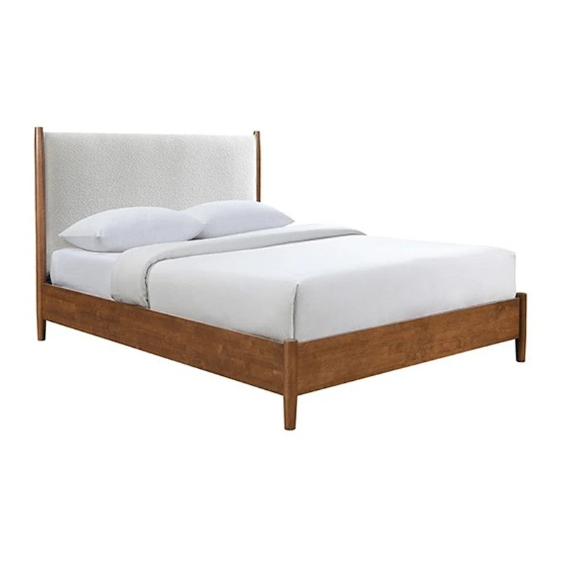 Queen Bed, Beige Boucle Upholstered Headboard Walnut Brown Solid Wood