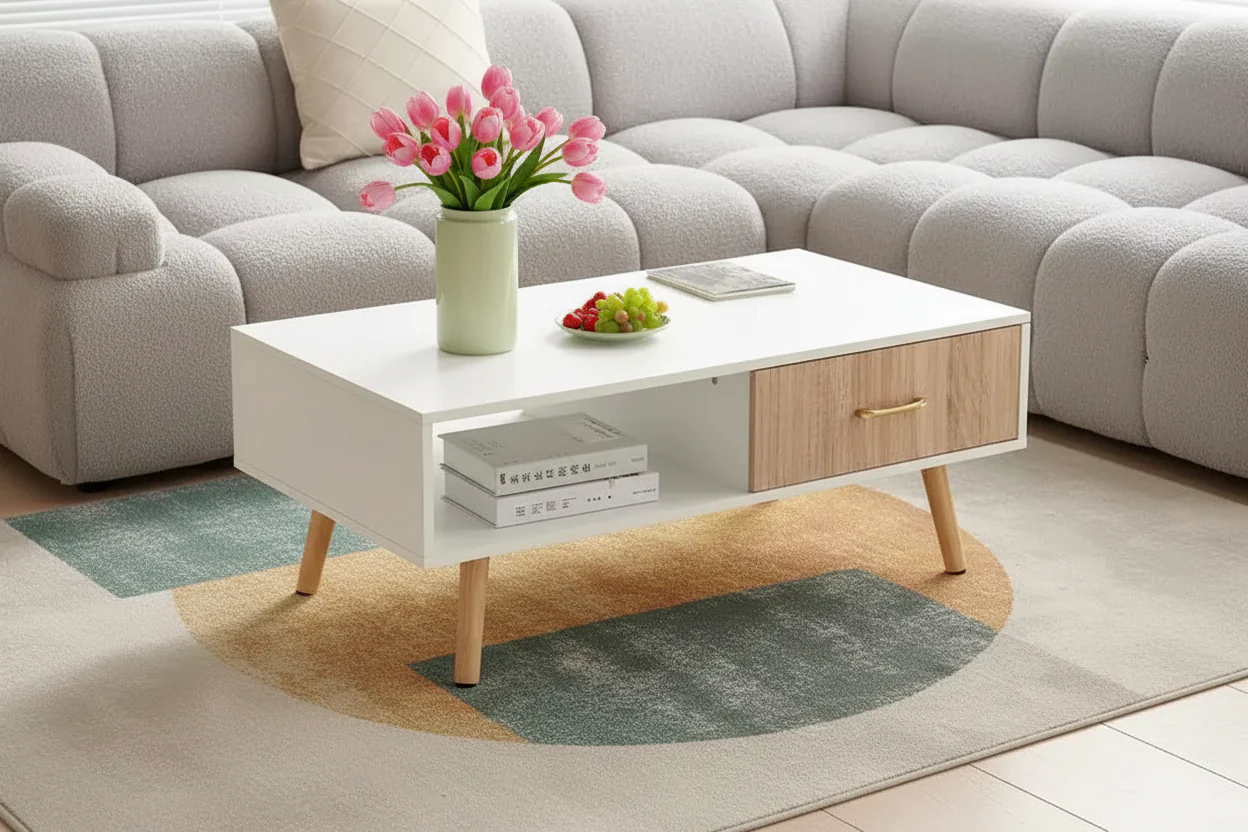 White Rectangle Coffee Table with Sliding Drawer for Storage
