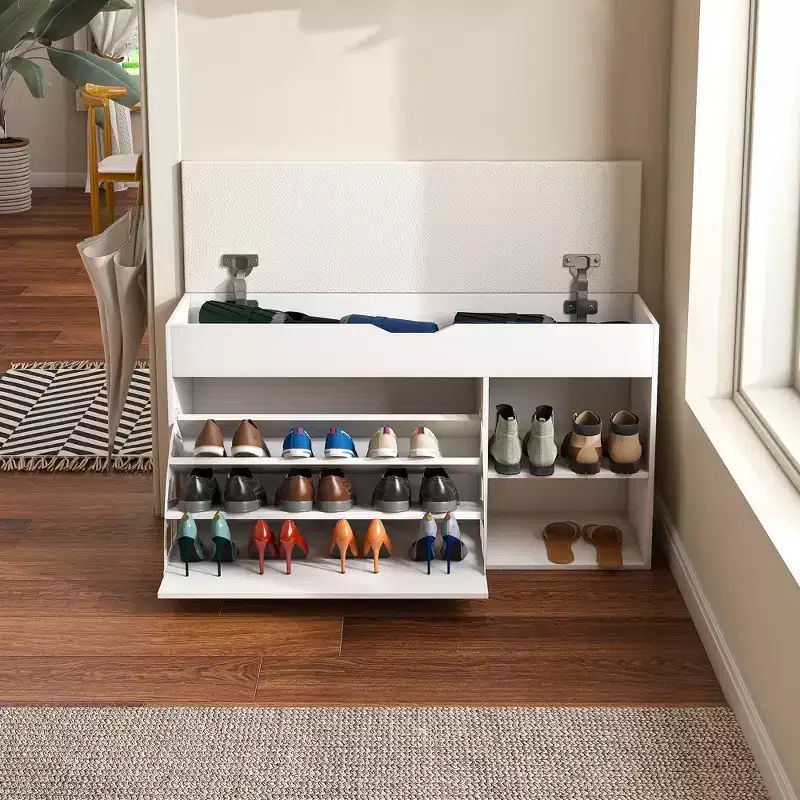 EHMKNP Entryway Bench with Shoe Storage, 3-Tier Flip-Up Drawers, Hidden Cabinet, Space-Saving Organizer for Hallway or Living Room