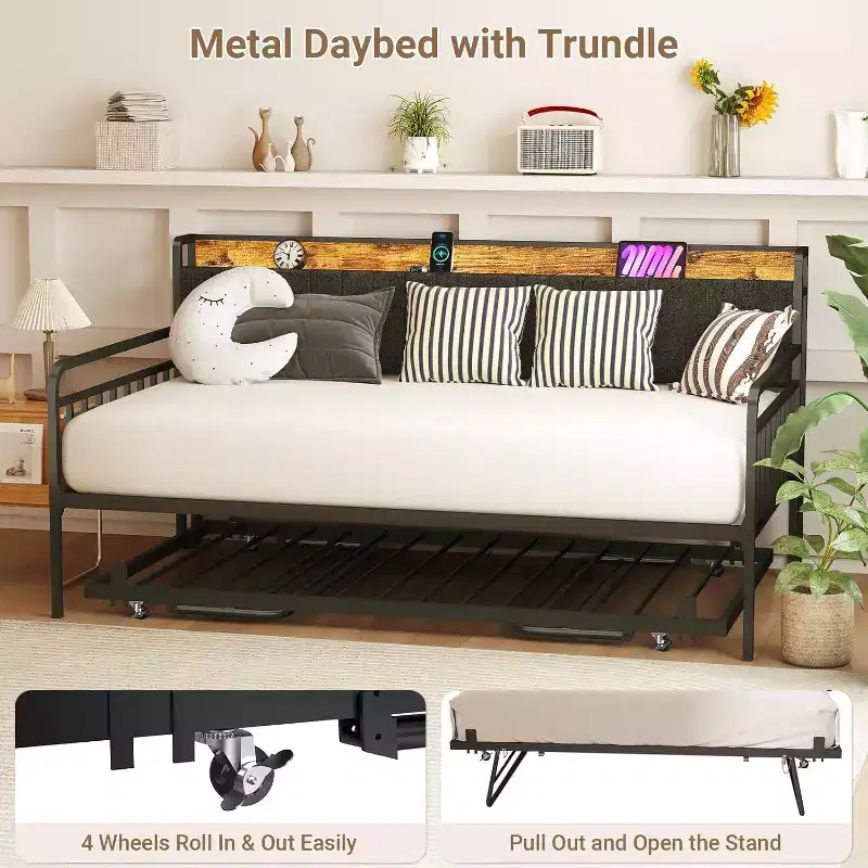Twin Daybed with Pop Up Trundle,Heavy Duty Metal Twin Bed FrameLED Lights Upholstered Headboard,for Living Room Bedroom Guest Room,Black