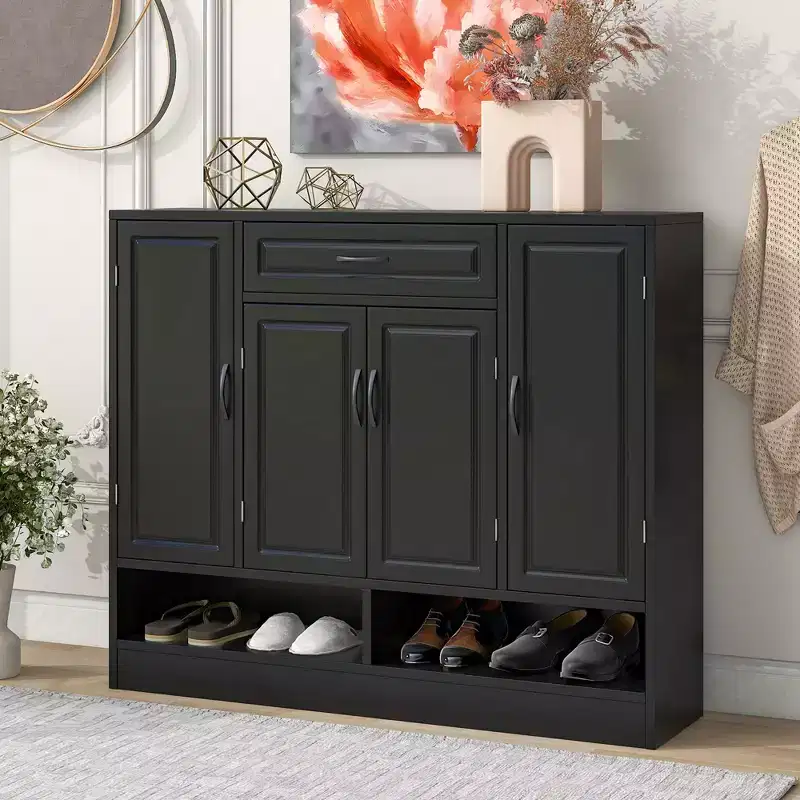 Okak Shoe Cabinet, Storage Cabinet with 4 Doors, 1 Drawer and Adjustable Shelves, Entryway Cabinet for Entryway, Living Room