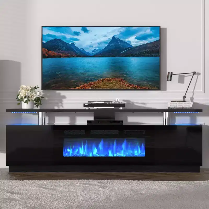 70 Inches Fireplace TV Stand for TVs up to 80 w/36'' Electric Fireplace & Remote, Modern Entertainment Center, Wooden TV Console for Living Room