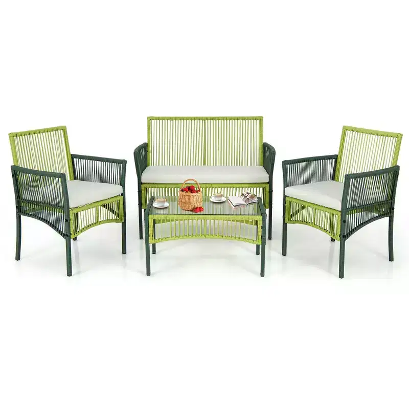 Costway 4PCS/8PCS Patio Round Wicker Conversation Set with Cushions Tempered Glass SideTable