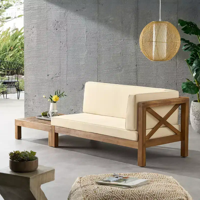 Christopher Knight Home Brava Outdoor Acacia Wood Right Arm Loveseat and Coffee Table Set with Cushion