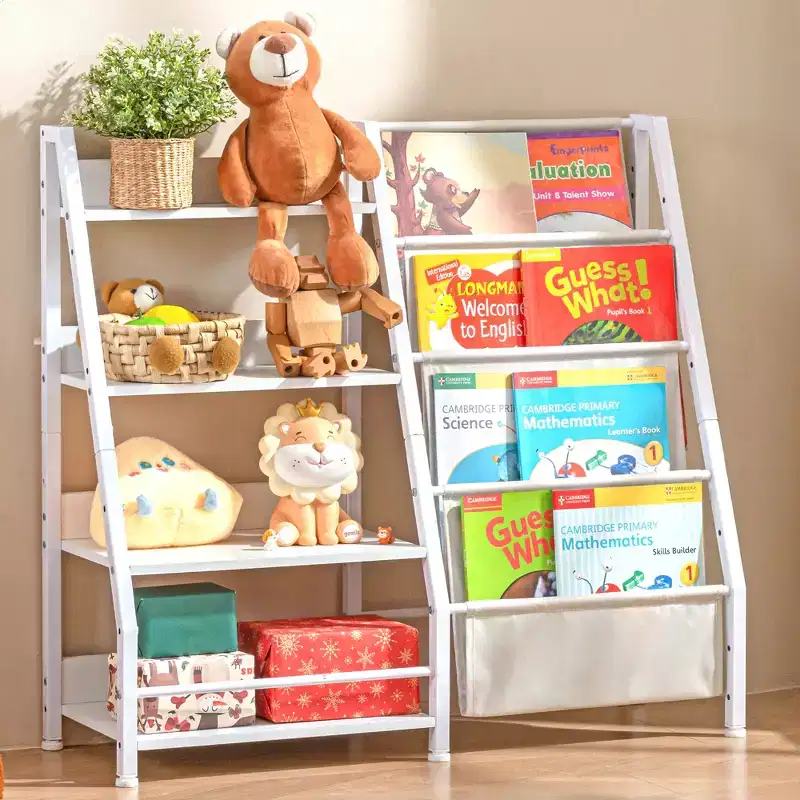 MAYEERTY 4 Tier Wooden Bookshelf and Toy Storage with Three Layer Sling Bookcase for Living Room White