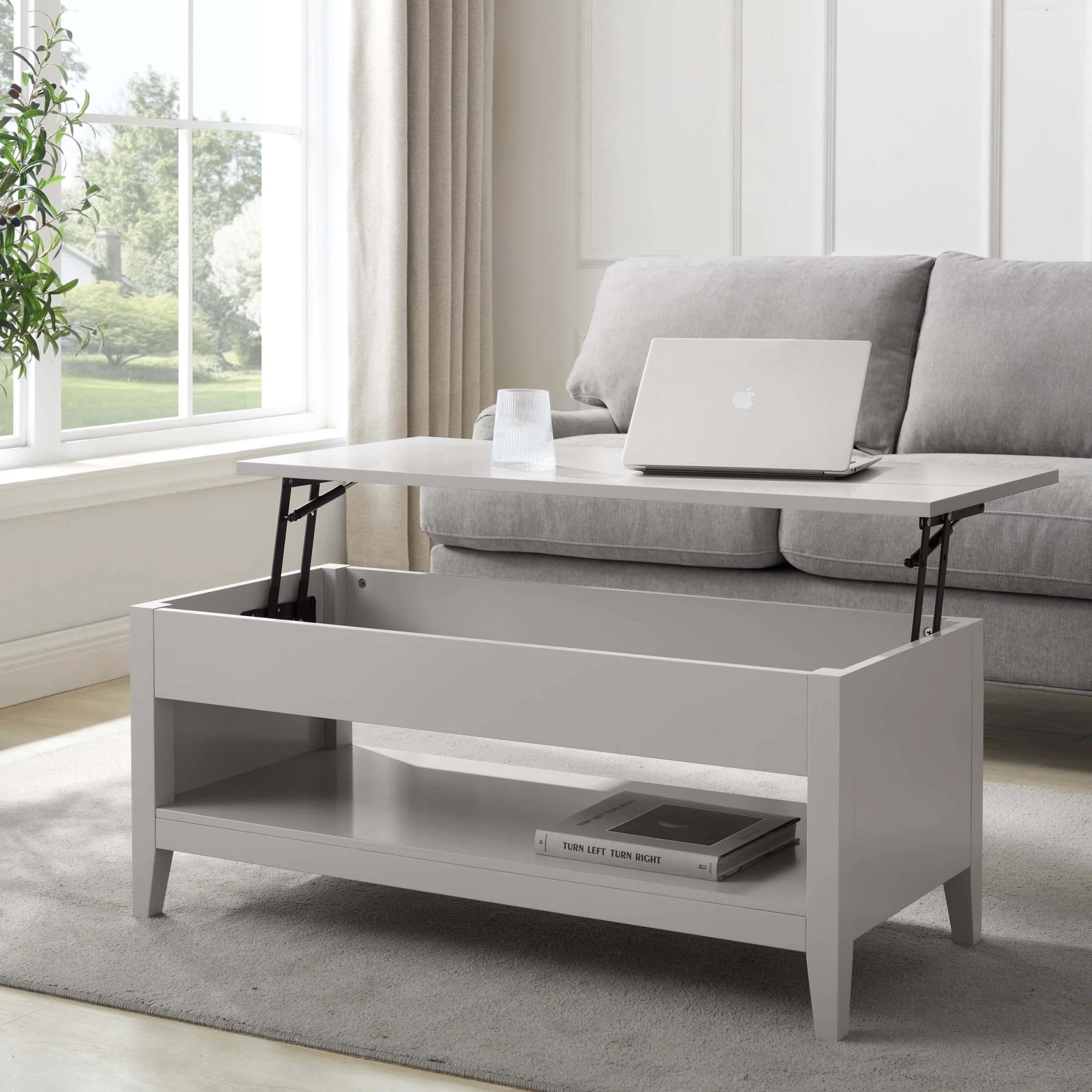 Modern Grey Painted Lift-Top Coffee Table with Hidden Storage for Living Room