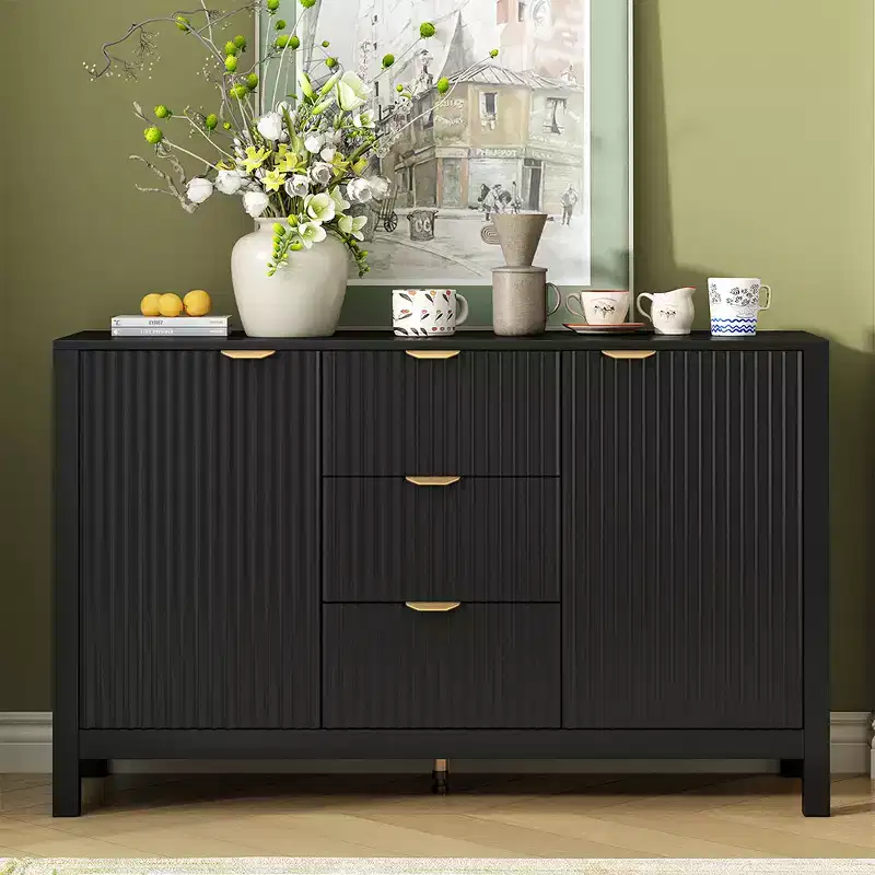 Entryway Cabinet with Wave Design, Adjustable Shelves, 3 Drawers & Soft-Close Doors, Storage Console Table W/Metal Handles, Suitable for Home