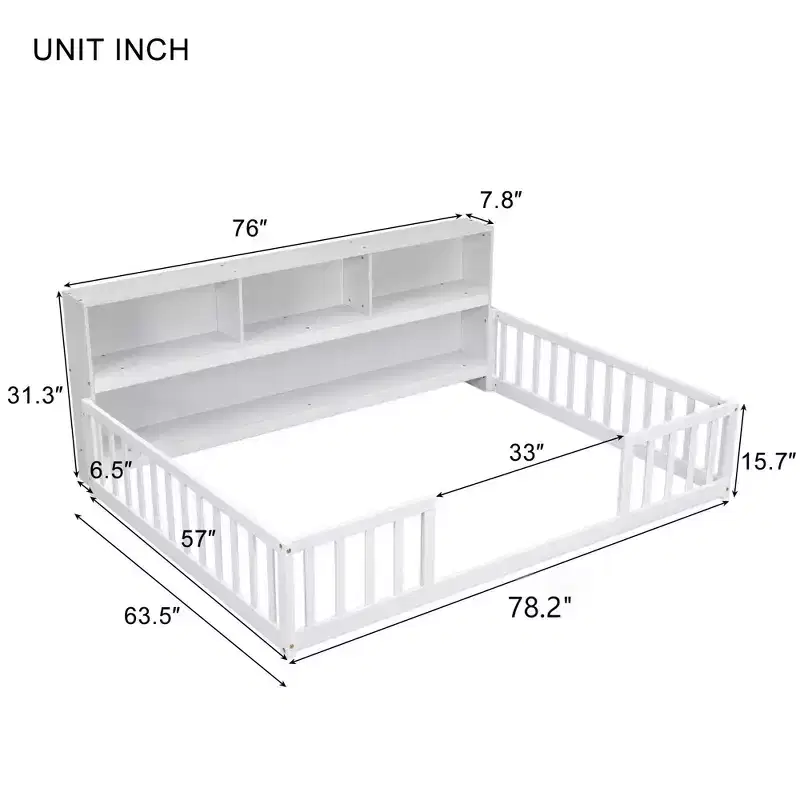 Bellemave Full Floor Bed with Side Bookcase and Shelves,Pine Floor Bed Frame with Guardrails for Kids,White
