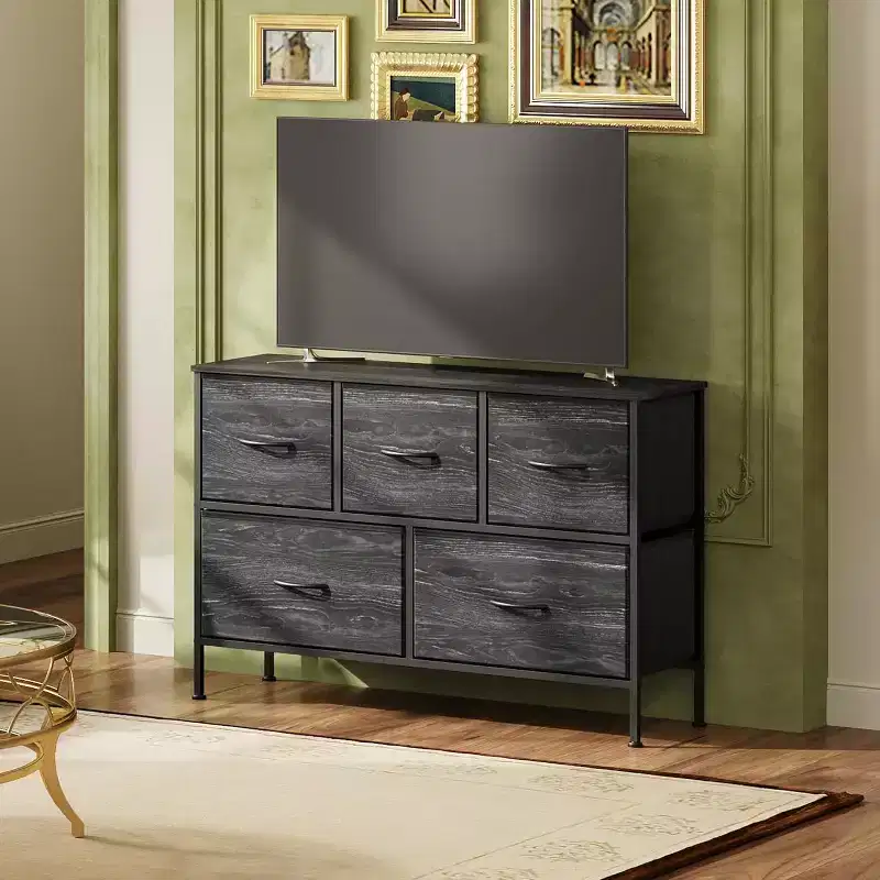 5 Drawer Dresser, Long Fabric Storage Unit for Bedroom, Closet & Hallway, Charcoal Black Wood Grain Print