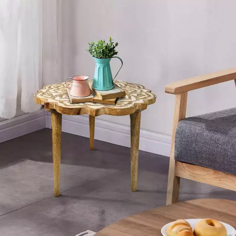 Royal Hampton 18 Inch Handcrafted Mango Wood Side End Table with Floral Carved Top and Tripod Base
