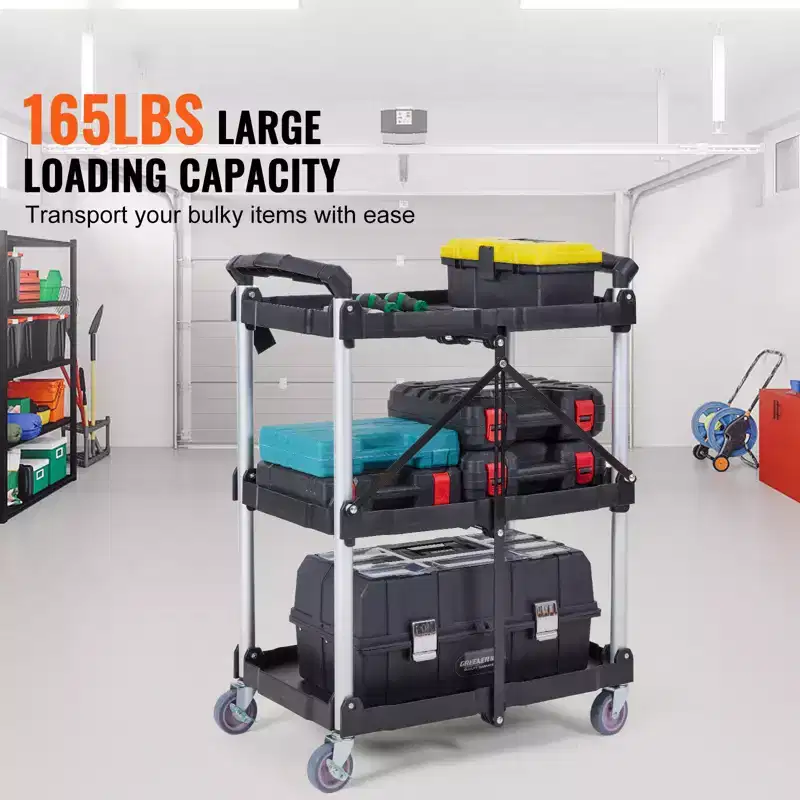 VEVOR Foldable Utility Service Cart, 3 Shelf 165LBS Heavy Duty Plastic Rolling Cart , Portable Garage Tool Cart for Warehouse/Office/Home