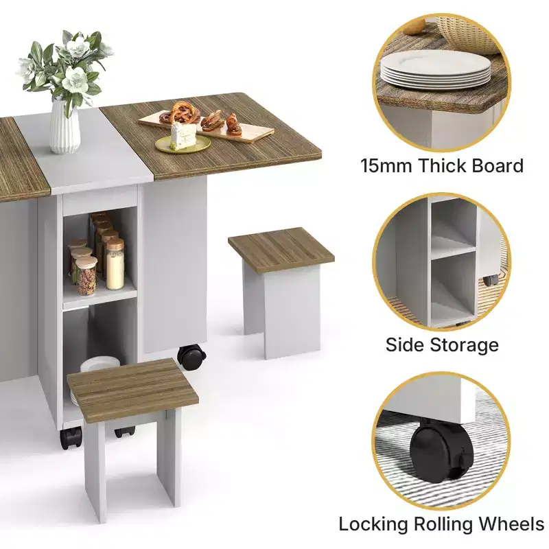 Zevemomo Folding Dining Table with 4 Chairs,with Storage & Wheels C 5-Piece Foldable Kitchen Table for Dining Room, Small Spaces & Apartment